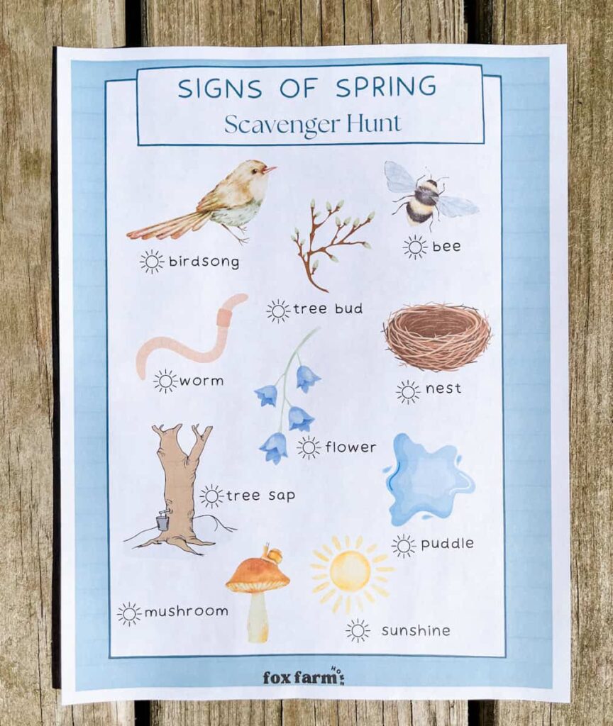 sign of spring scavenger hunt sitting on a wooden bench