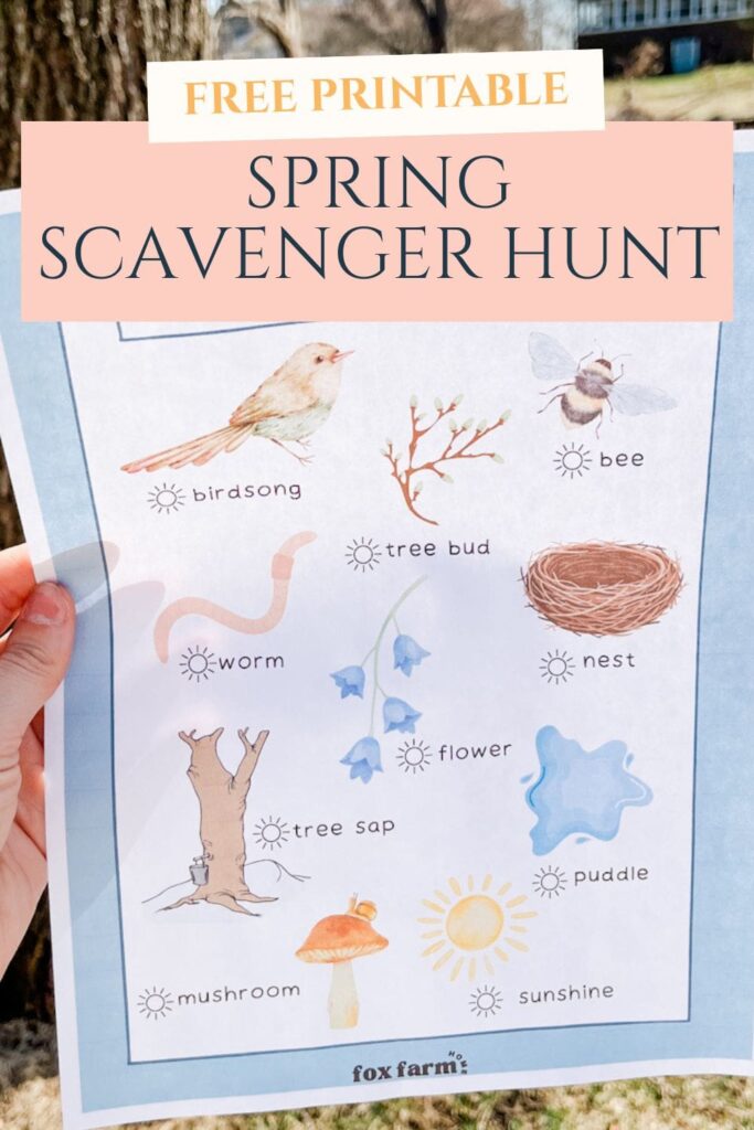 pinterest pin for free printable spring scavenger hunt