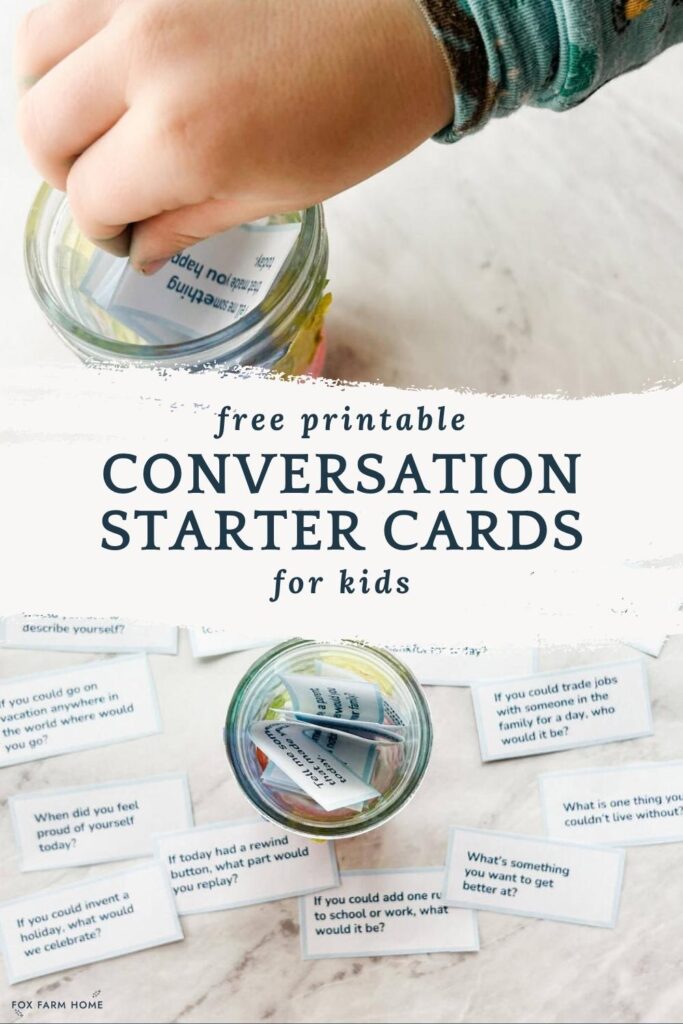 pinterest pin with conversation starter cards in jar and being pulled out of jar