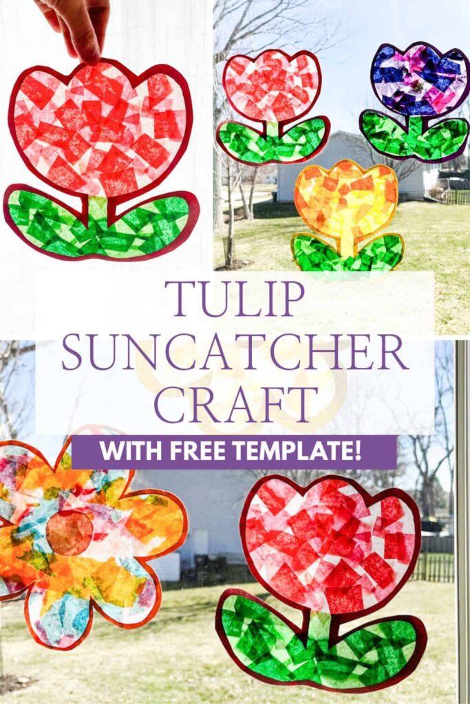 pinterest pin for tulip suncatcher craft with free template