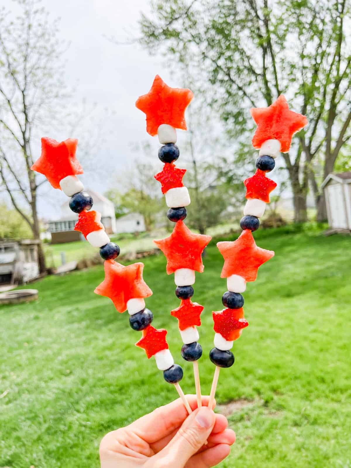 Three 4th of July fruit kabobs with stars held up outside.