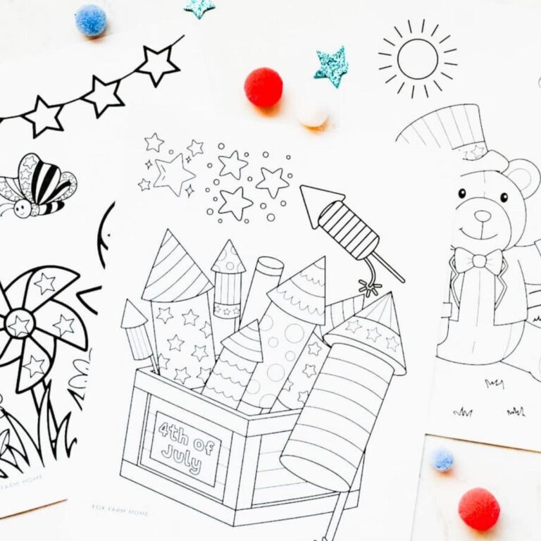 3 blank 4th of July coloring pages on table with red and blue pom poms around them.