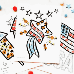3 completed dot marker pages including a star, rocket poppers and American flag.