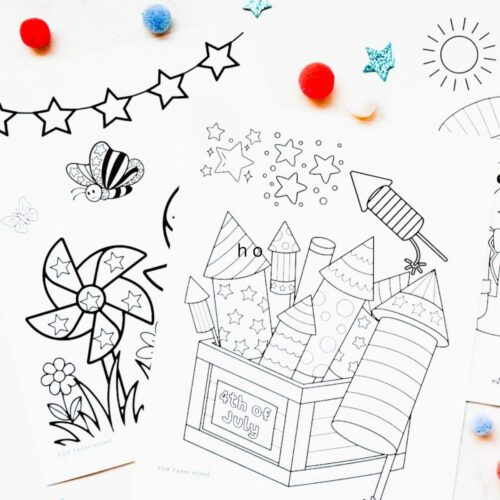 4th of July coloring sheets on table with red and blue pom poms