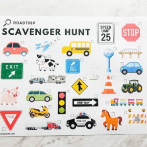 printable road trip scavenger hunt printed out and sitting on table.