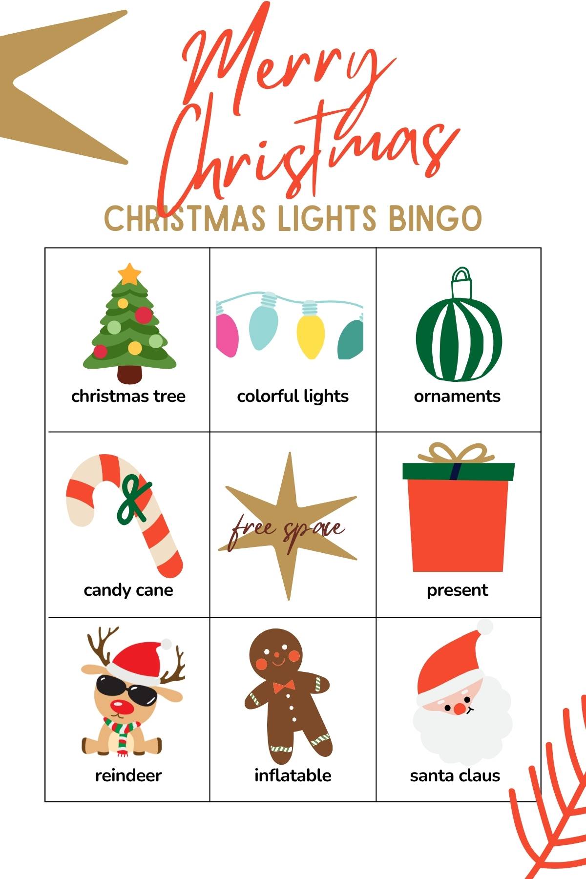 3x3 bingo board with Christmas images and label under each picture with title of "Christmas Lights Bingo" on the top.