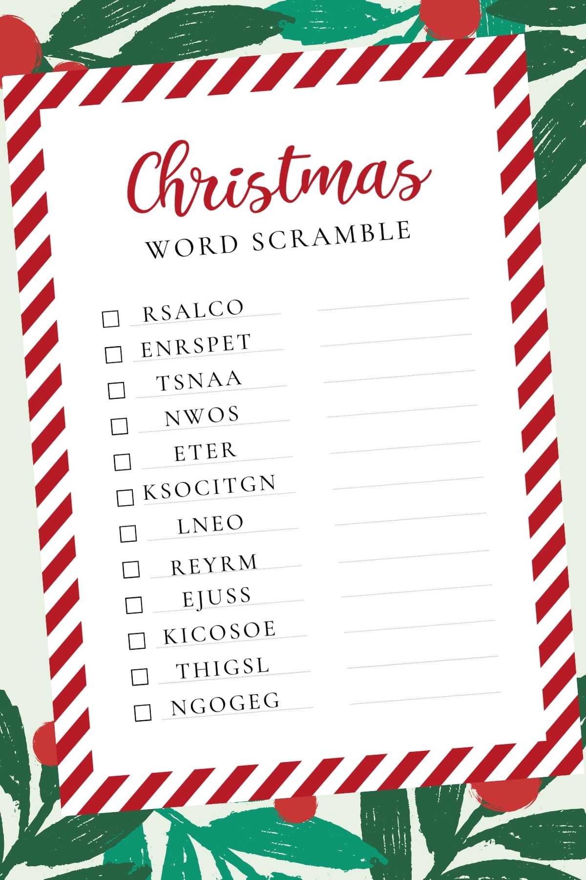 Christmas word scramble game on background with holly and ivy.