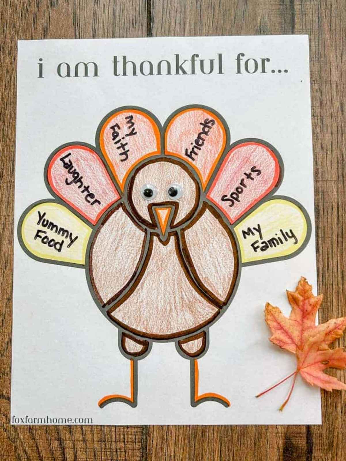 finished I am thankful for printable turkey sitting on table, colored and decorated.