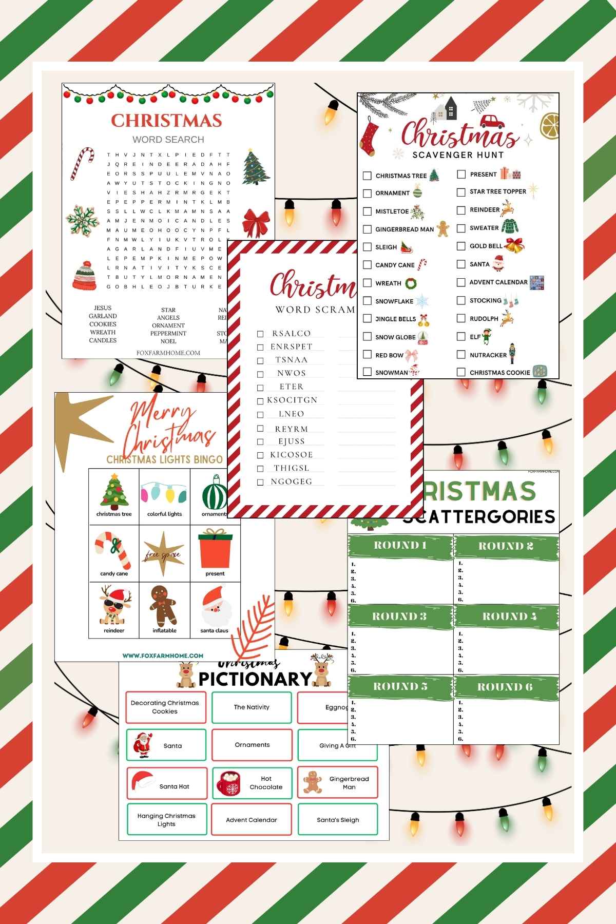 red and green striped background with the 6 printable games in the background with Christmas lights around them.