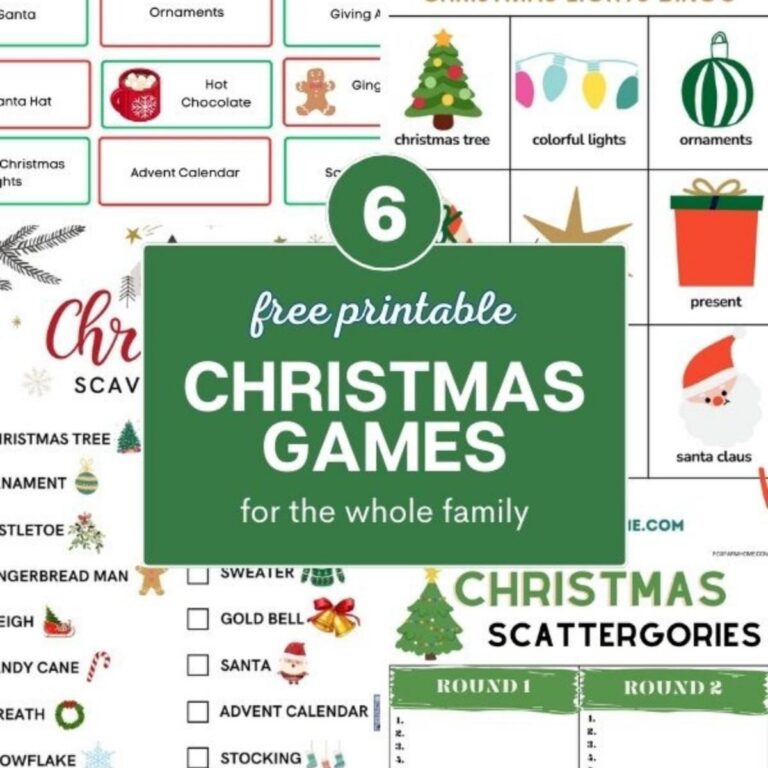 image of 4 printable Christmas games with text overly "6 free printable Christmas games for the whole family".