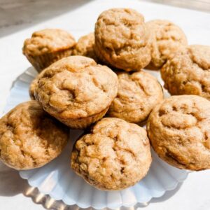 banana bread mini muffins sitting on a plate on the counter.