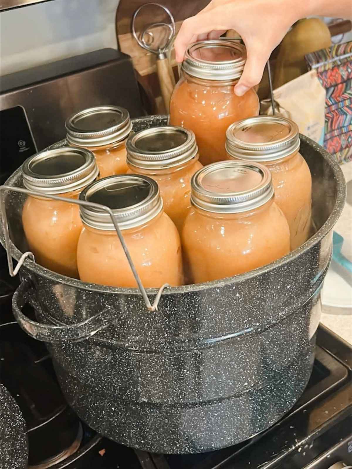 canning pot on stove with 6 jars in pot and someone putting the 7th jar into the pot to process.
