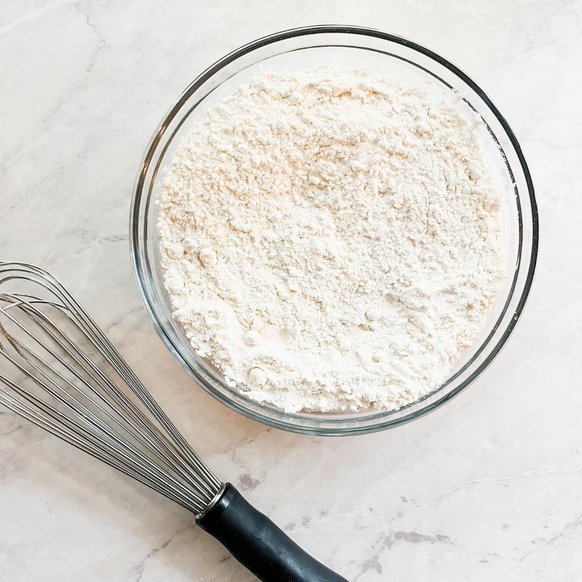 The dry ingredients whisked in a large bowl.