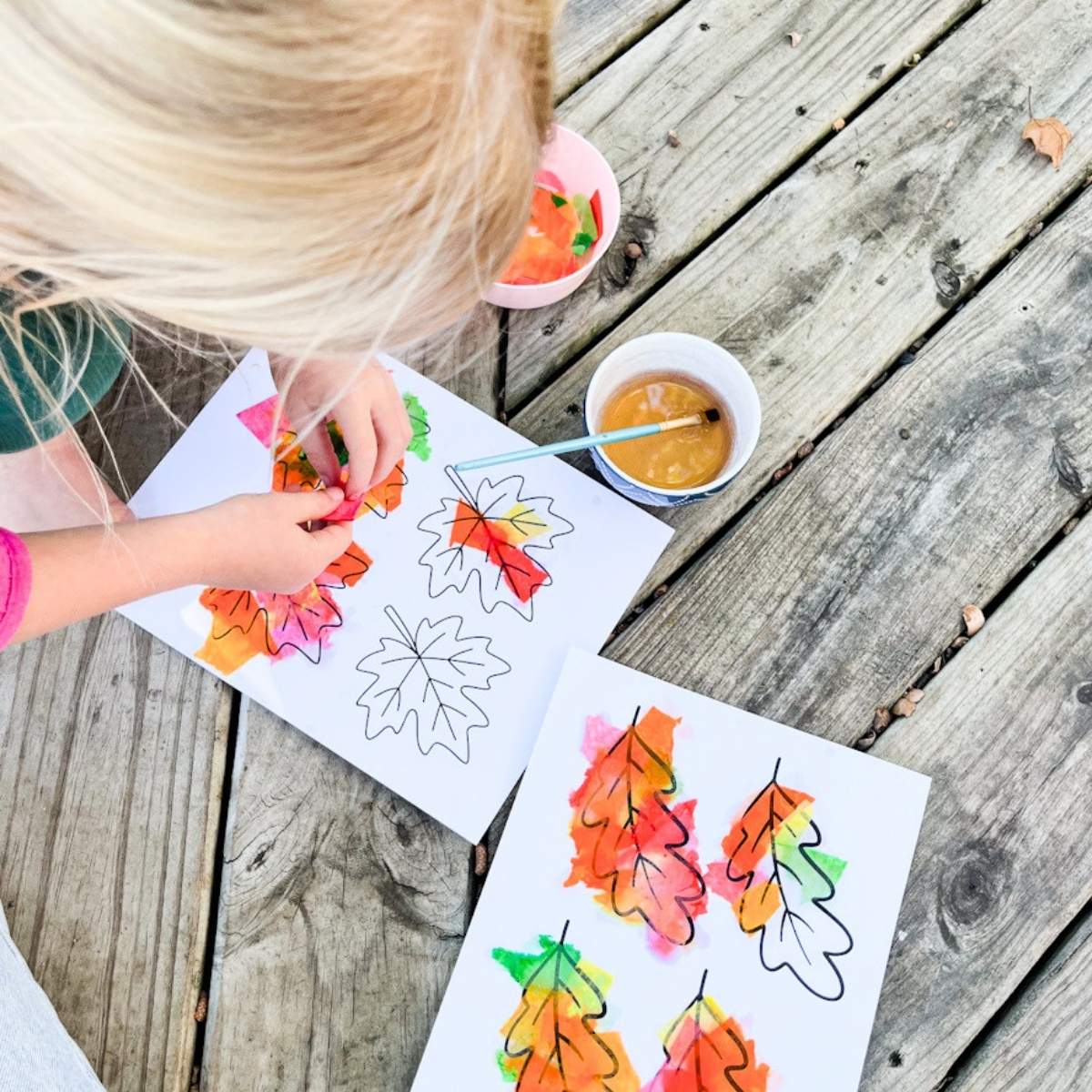 Child placing tissue paper on leaf templates outside.